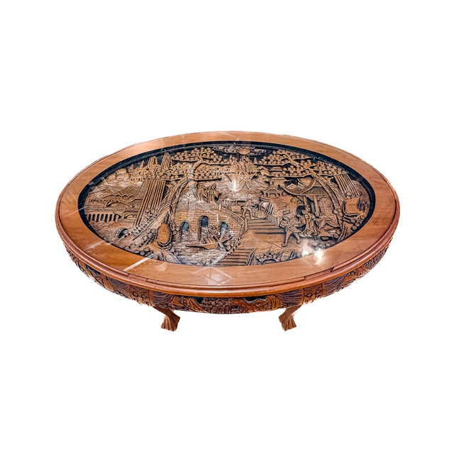 A stunningly hand-carved Mid-Century Modern Asian opium nesting table.