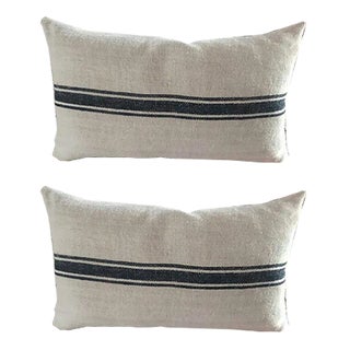 Mid-Century Hungarian Grain Sack & Linen Pillows with Navy Stripe, Set of 2 For Sale