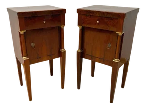Empire Nightstands in Walnut with Full Columns in Gilt Brass, Italy, 1810, Set of 2