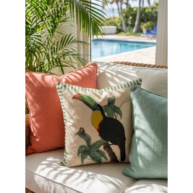 Vintage Linen Toucan & Snail Cushion With Striped Border For Sale - Image 12 of 12