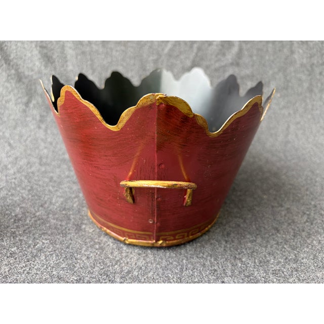 Vintage Maroon Gold Hand Painted French Tole Cachepot For Sale In New York - Image 6 of 13