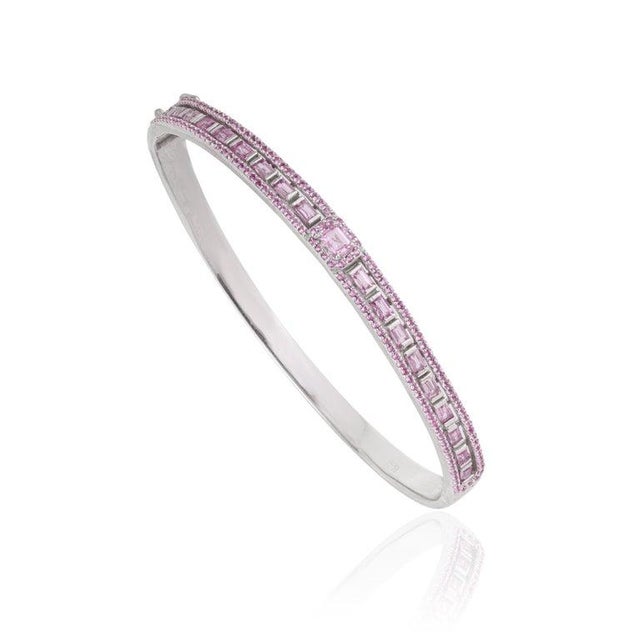 925 Sterling Silver Geometric Hinged Bangle With Mixed Cut Pink Sapphires - Caratandher For Sale - Image 4 of 15