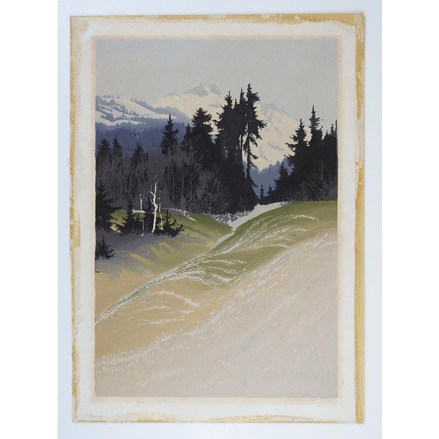 1933 Mountain Landscape Colored Woodcut For Sale - Image 4 of 4