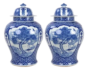 Pair of Early 20th Century Vintage Blue White Temple Jar