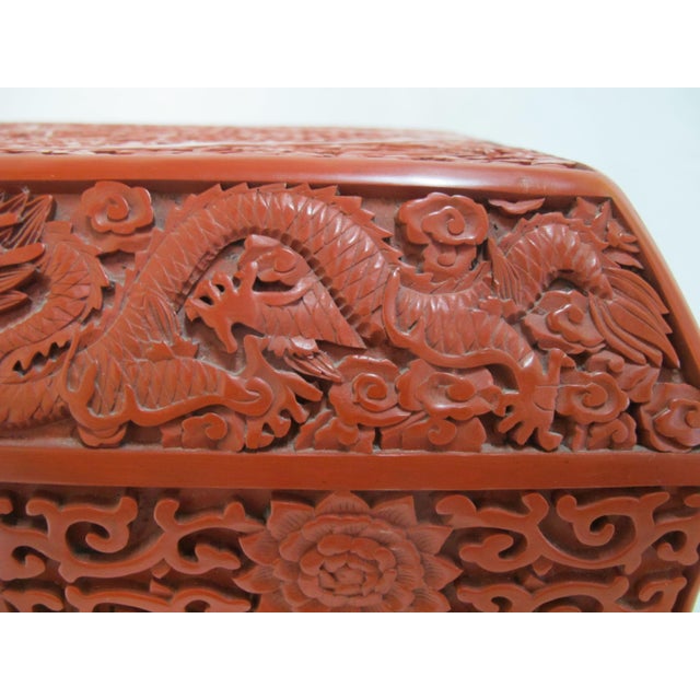 Large Chinese Cinnabar Lacquer Heavily Carved Dragon Motif Wood Box Chest For Sale - Image 11 of 16
