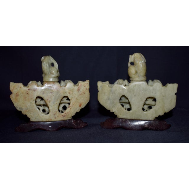 Beige Chinese Hand Carved Soapstone Incense Burner Censer Koro Foo Dogs Lions Pair For Sale - Image 8 of 12