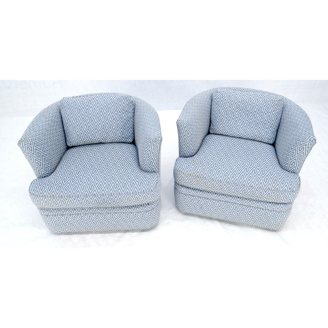 Pair of Blue & White Upholstery Vintage MCM Barrel Back Swivel Chairs For Sale - Image 10 of 13