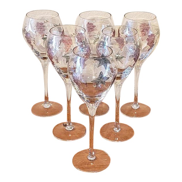 Etched "Grapes & Leaves" Crystal Wine Glasses Set of 6 Chairish