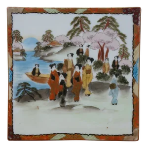 Antique Meiji Japanese Kutani Porcelain Geishas Gathering Landscape Tile