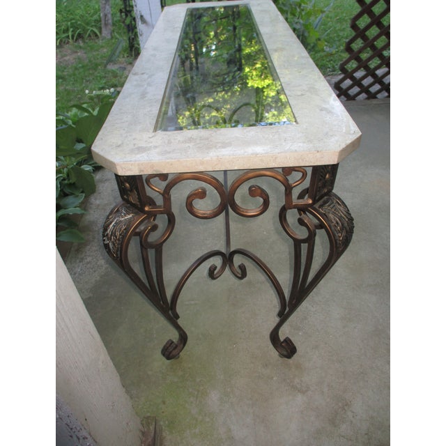 French Vintage French Ornate Iron With Marble and Glass Top Console Table For Sale - Image 3 of 18
