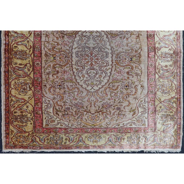 Antique Turkish Silk Hereke Rug With Floral Medallion Design and Ivory Field For Sale - Image 11 of 14