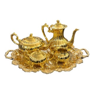 24k Electroplate Tea and Coffee Service Tray With Tea and Coffee Pots, Creamer and Sugar Set of 5 Pieces For Sale
