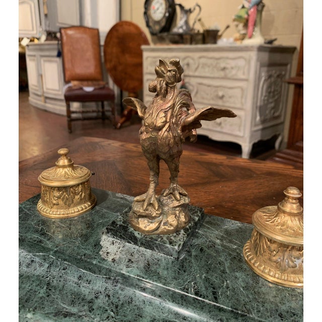 19th Century French Green Marble and Bronze Rooster Inkwell Signed Melotte For Sale - Image 4 of 13