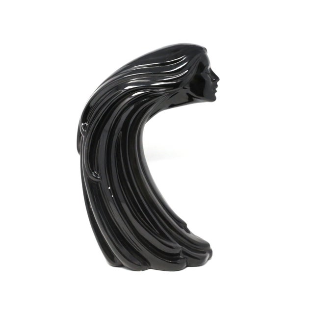 1990 Black Ceramic Woman's Head and Hair Sculpture For Sale - Image 4 of 13