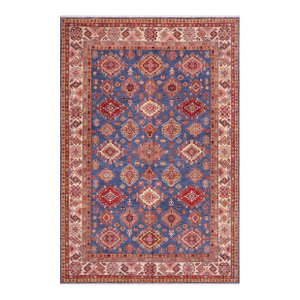 1990s Rustic Super Kazak Blue & Ivory Wool Rug - 8'8'' X 12'2''