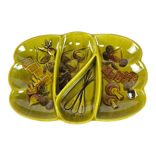 Mid-Century California Pottery Avocado Green Divided Serving Tray For Sale