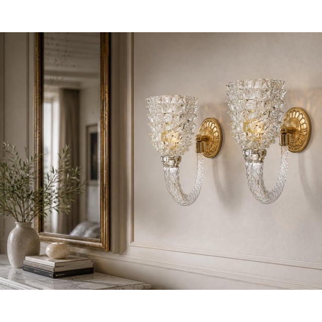 Transparent 1950s Art Deco Wall Light in Murano Rostrato Glass by Barovier E Toso - Set of 2 For Sale - Image 8 of 12