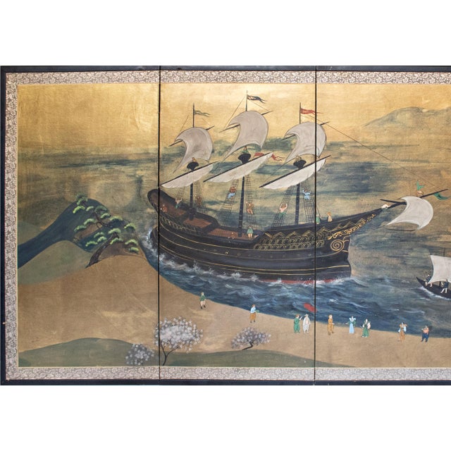 Japanese "Nanban Ship at Arrival", Early to Mid Showa Era Japanese Byobu Screen For Sale - Image 3 of 18