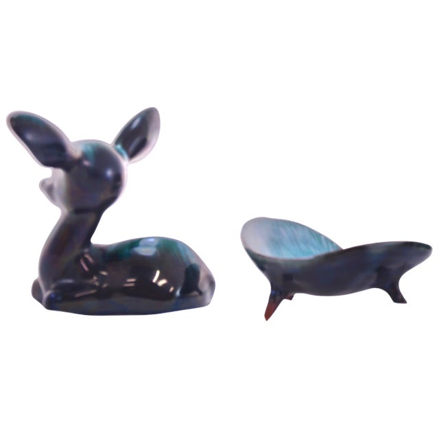 Boho Chic Aqua Water Glaze Pottery Leaf & Fawn - a Pair For Sale - Image 3 of 6