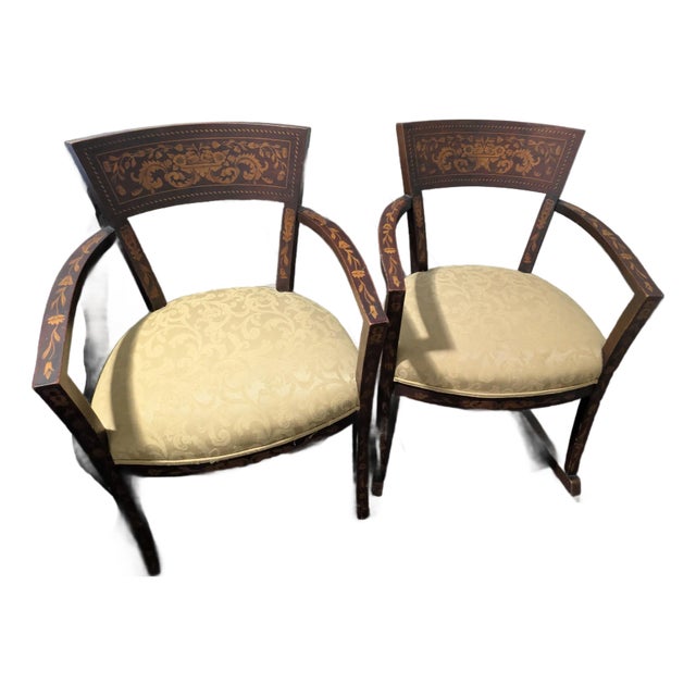 Pair 19th Century Dutch Marquetry Inlaid Mahogany Upholstered Armchairs For Sale
