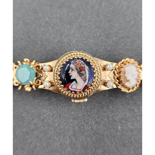 Omega 1950s 14k Yellow Gold Slide Charm Omega Gemstone Bracelet Watch For Sale - Image 4 of 16