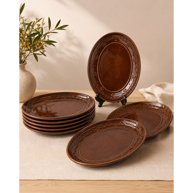 1950s Mid-Century Modern Mar - Crest Daisy Dot Onion Dinner Plate Brown Glaze - Set of 12 For Sale - Image 12 of 14