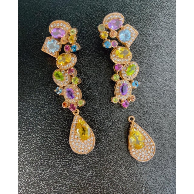 Traditional Bochic Vintage Cascading "Capri" Multi Natural Gem Earrings 18K Gold & Silver For Sale - Image 3 of 18