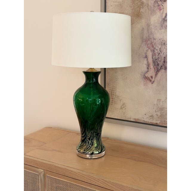 Emerald Green Vintage Murano Lamps With Iridescent Glass Swirl Effect For Sale - Image 11 of 12