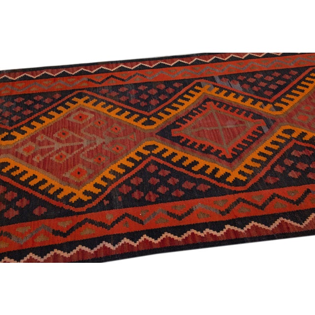 Vintage Kilim Red Handmade Flatweave Tribal Motif Wool Runner For Sale - Image 9 of 11