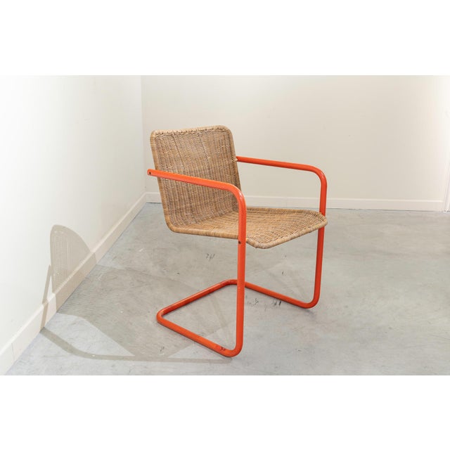 Brown Mid-Century French Orange Polychrome Tubular Steel Chair with Rush Seat, 1950s For Sale - Image 8 of 12