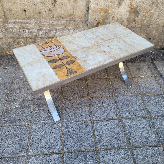 Beige Mid-Century Coffee Table in Ceramic and Chrome-Plated Steel by Jean Gregorieff for Roche Bobois, France, 1970s For Sale - Image 8 of 18