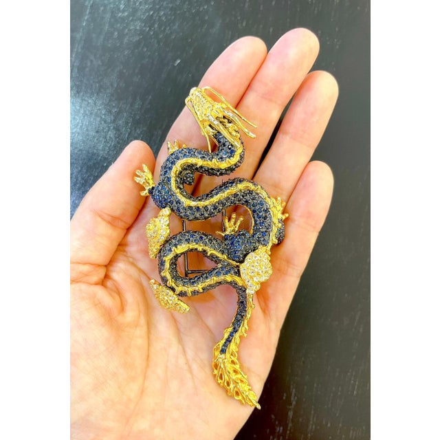 Bochic Dragon Vintage Sapphire & Tasvorite Brooch Set In 18K Gold & Silver For Sale - Image 12 of 18