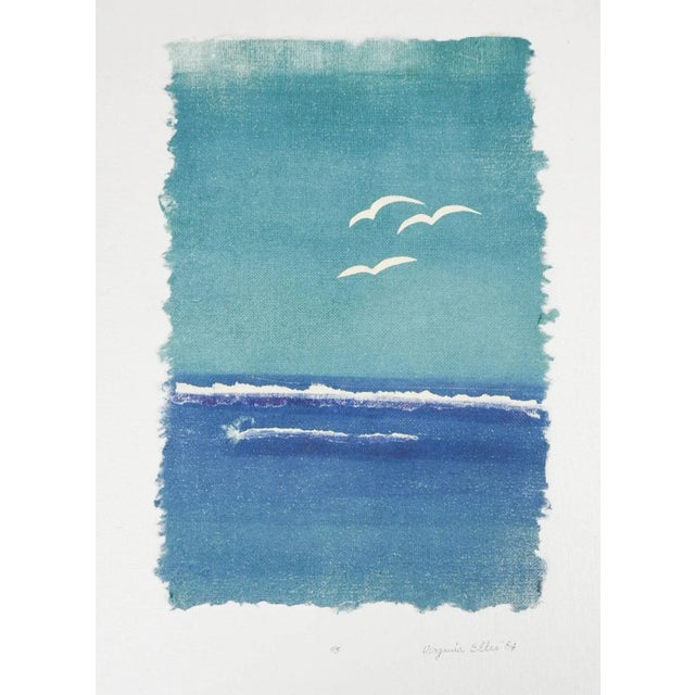 Vintage 1984 mixed media collage seascape. Handmade textured and dyed paper in blue, turquoise and white size 8" x 11.5"...