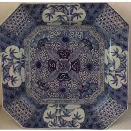 Antique Japanese Blue & White Octagonal Plate With Floral and Bamboo Motifs For Sale - Image 12 of 18