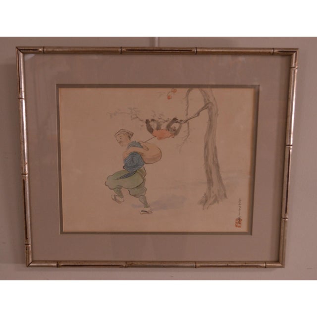 Chinese Vintage Chinese Man & Monkey Watercolor Drawing For Sale - Image 3 of 12