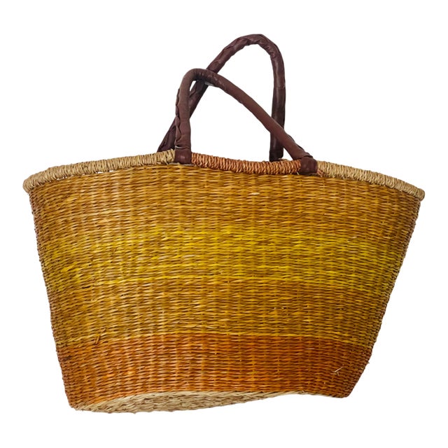 French Country Antique Woven Basket With Leather Handles For Sale