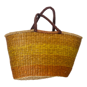 French Country Antique Woven Basket With Leather Handles