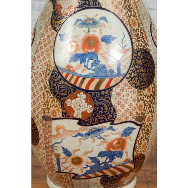 Tall Vintage Chinese Vase with Hand Painted Blue, Orange and Gold Floral Decor For Sale - Image 4 of 11