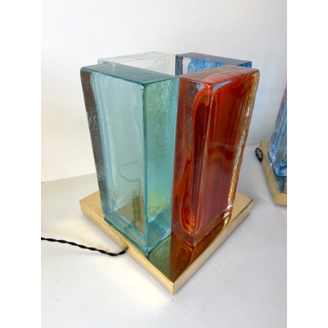 2020s Contemporary Pair of Lamps Cubic Pennellate Murano Glass and Brass, Italy For Sale - Image 5 of 13