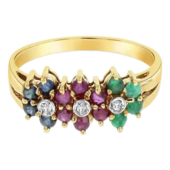 Ruby, Sapphire, Emerald Flower Shaped Ring 14k Yellow Gold, Size 9 For Sale