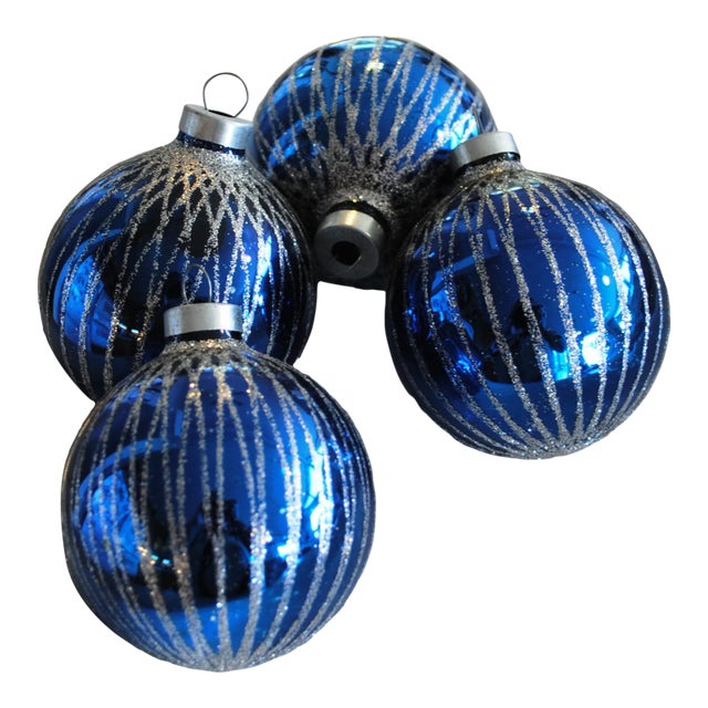 Vintage Mercury Glass and Mica Blue Christmas Ornaments - Box of 4 For Sale