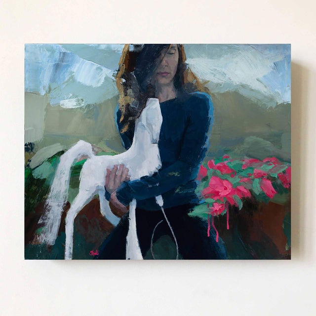 Rain King by Shelli Langdale | Oil on gallery panel Woman holding a white horse figurine among flowers. For Sale - Image 4 of 5