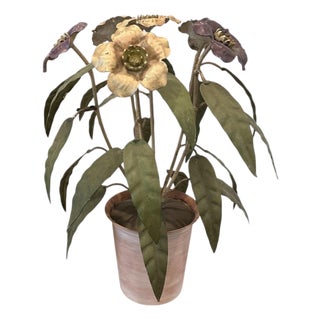 Vintage Italian Hand Painted Potted Tole Violets Floral Arrangement / Flower Sculpture / Object, in Purple & Peach Pink For Sale