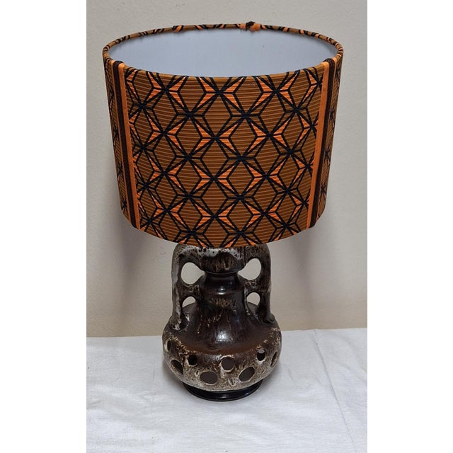 Vintage German Fat Lava Table Lamp with Brown-Grey Ceramic Base and Fabric Shade, 1970s For Sale - Image 6 of 9