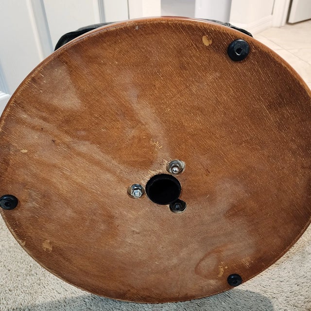 Wood Vintage MCM Black Faux Leather Round Wood Base Footstool For Sale - Image 7 of 9