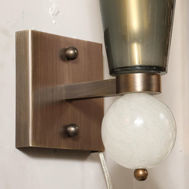 Gray Modernist Hand-Blown Smoked Gray Murano Glass Conical Sconces With Orbital Drop For Sale - Image 8 of 15