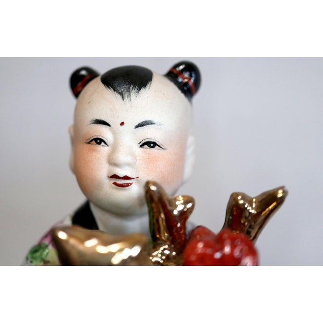 Red 1940s Hand Painted Porcelain Chinese Figuirines on Gourds Bearing Gifts - a Pair For Sale - Image 8 of 12