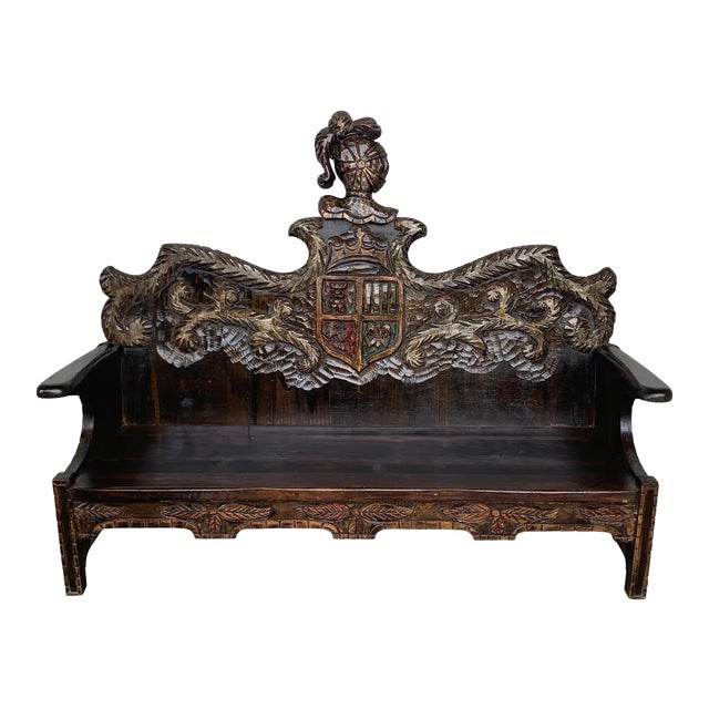 Early 20th Century Spanish Polychromed Hand Carved Oak Settee For Sale