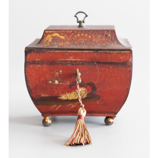 Chinoiserie 19th Century French Empire Chinoiserie Red Tole Tea Caddy Sarcophagus Box For Sale - Image 3 of 12