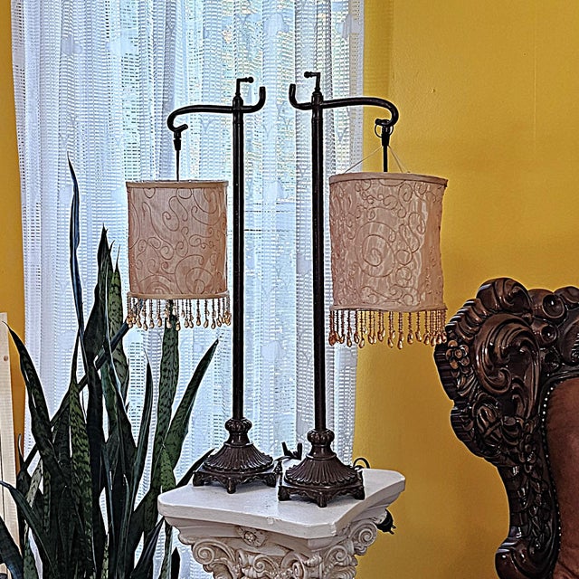 Vintage Bridge Arm Table Lamps With Beaded Shades - Pair For Sale - Image 10 of 18